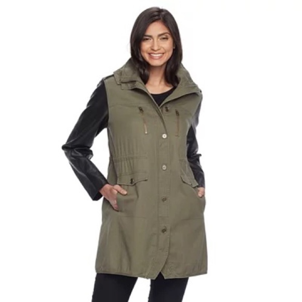 Apt. 9 - Army Green Hooded Utility Jacket W/ Faux Leather Sleeves - Size Small